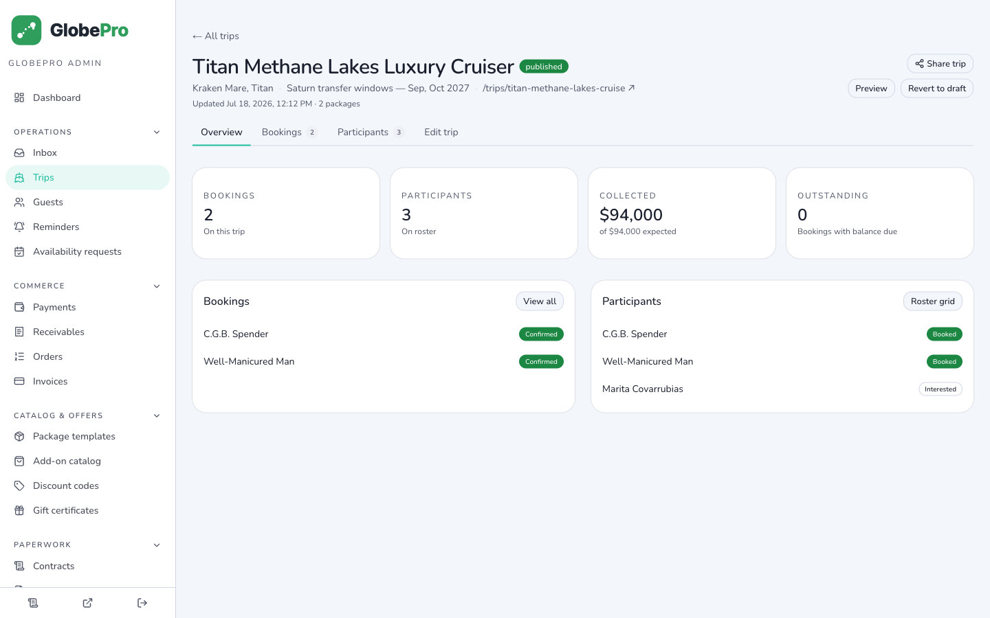 App screenshot, trip overview with bookings & roster